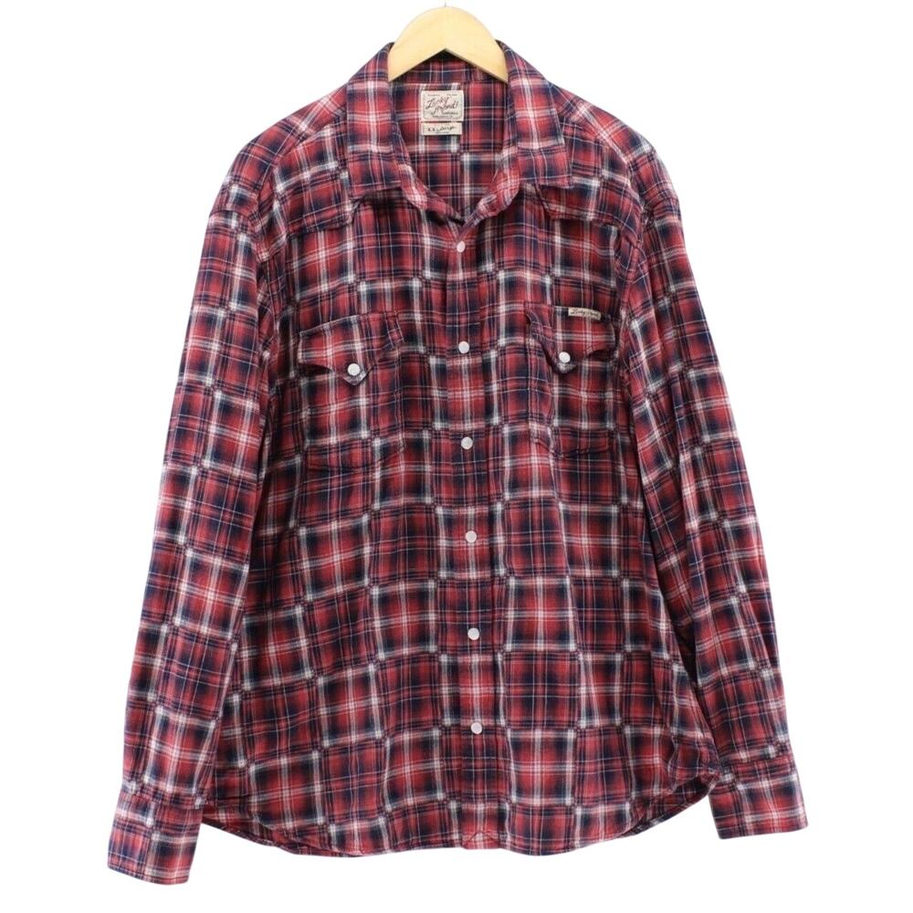Lucky Brand Dungarees 2XL Red Black Plaid Shirt Snap Button Down Western Rodeo